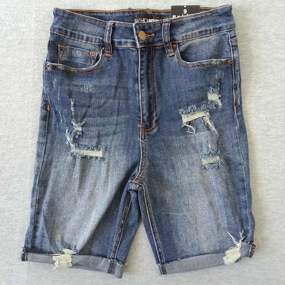 Fashion Nova Almost There Stretch Denim Bermuda Shorts Dark Wash Distressed 9